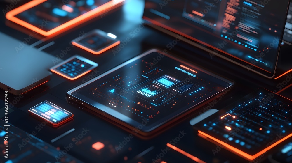Poster tech devices connected to each other by mobile phone.