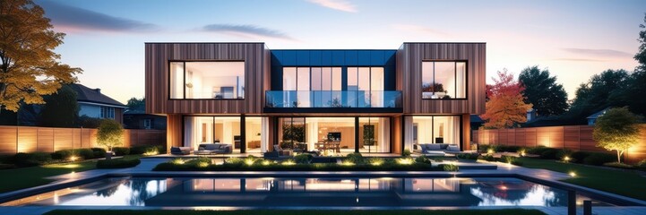 Fototapeta premium Modern luxury villa, contemporary architecture, wood and glass facade, cubic design, two-story house, large windows, evening lighting, manicured garden, landscape lighting, reflective pool, autumn tre