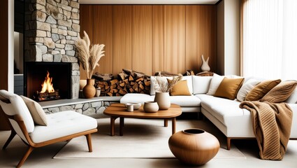 Cozy modern living room, stone fireplace with burning fire, white sectional sofa, wooden coffee table, natural textures, earthy tones, dried pampas grass, ceramic vases, warm lighting, minimalist deco