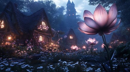 A Whimsical Fantasy World Where Giant Flowers Tower Over Tiny Creatures for Magical Landscape Decor