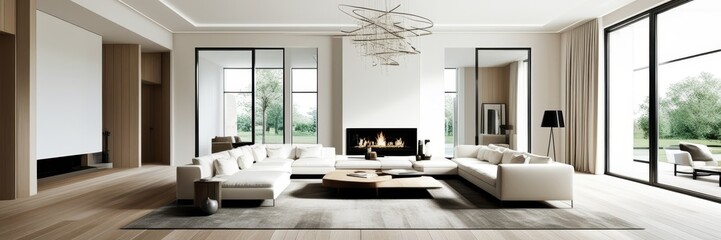Minimalist luxurious living room, spacious interior, floor-to-ceiling windows, natural light, white walls, wooden flooring, modern white sectional sofa, abstract chandelier, contemporary fireplace, ne