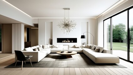 Fototapeta premium Minimalist luxurious living room, spacious interior, floor-to-ceiling windows, natural light, white walls, wooden flooring, modern white sectional sofa, abstract chandelier, contemporary fireplace, ne