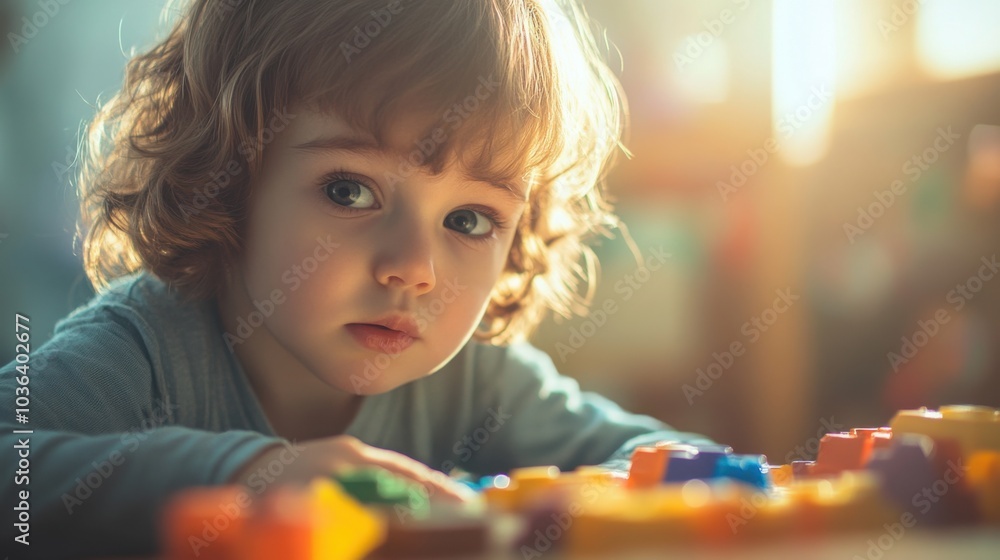 Poster a child looking at a broken toy with a confused expression, trying to understand what happened