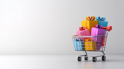 Colorful Gift Boxes in a Shopping Cart on a White Background