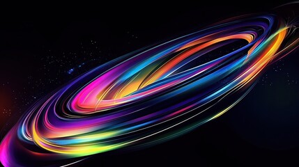 Abstract colorful neon light swirl ring on black background. Futuristic, modern design, digital art