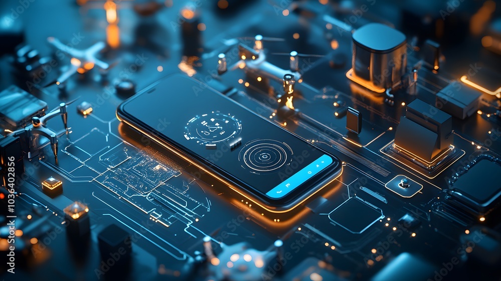 Poster tech devices connected to each other by mobile phone.