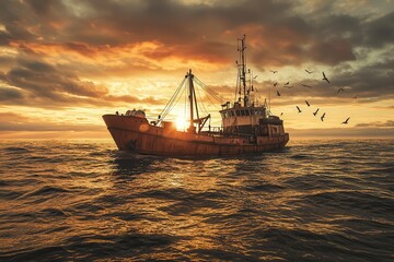 Fototapeta premium Rustic fishing boat on open sea during a breathtaking sunset, surrounded by seagulls. Perfect moment capturing adventure and tranquility.