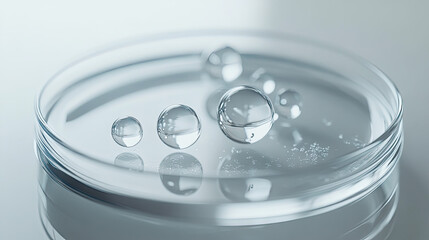 A few transparent drops of serum in a petri dish, their smooth surfaces catching light in a sterile lab setting. The delicate drops symbolize precision in scientific research.