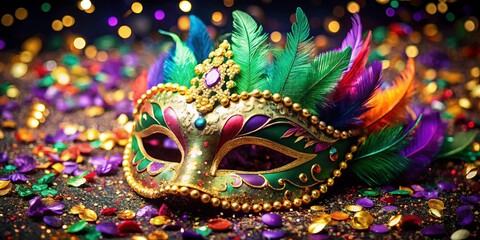 Obraz premium A jeweled mask adorned with colorful feathers rests on a bed of shimmering confetti, reflecting the twinkling lights of a festive celebration.