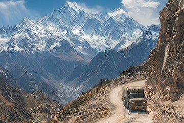 Scenic view of a rugged mountain road with a truck traversing steep cliffs, surrounded by majestic snow-covered peaks and clear blue sky.