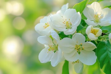 Fototapeta premium A close-up of an apple tree in full bloom, with white blossoms and green leaves
