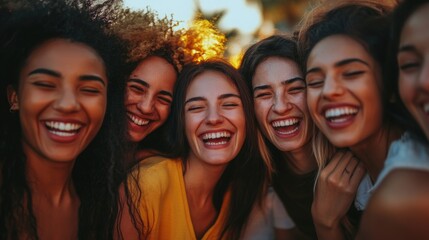 Fototapeta premium A group of friends laughing together in a casual outdoor setting, their faces glowing with excitement and joy