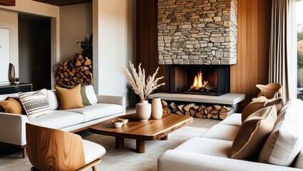 Cozy modern living room, stone fireplace with burning fire, white sectional sofa, wooden coffee table, natural textures, earthy tones, dried pampas grass, ceramic vases, warm lighting, minimalist deco
