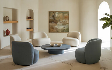 Japandi Minimalist Living Room: Modern Blue & Beige Armchairs in Serene Interior Design