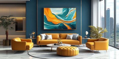 modern luxurious living room, teal blue walls, large abstract artwork with orange and blue swirls, mustard yellow leather sofa, matching armchair, round ottoman, potted palm plant, floor-to-ceiling wi