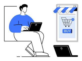 Person with a laptop and mobile storefront displaying a shopping cart. Ideal for e-commerce, online shopping, digital marketing, retail, and mobile applications. Simple line art style