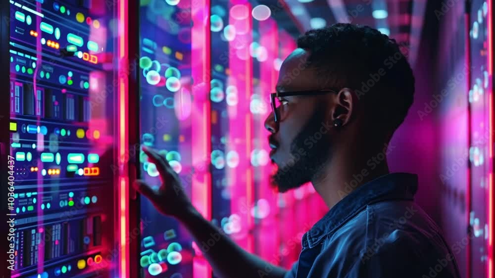 Poster A technician inspects colorful server displays in a cutting-edge data center at night, demonstrating the intricacies of data management and technology innovation.