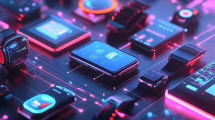 Tech devices connected to each other by mobile phone. 