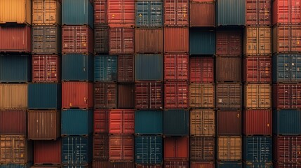 Fototapeta premium Stacked shipping containers in vibrant colors, showcasing global trade and industrial logistics in a bustling port.