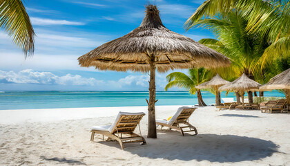 Fototapeta premium tropical beach scene featuring a straw umbrella paired with lounge chairs, set on pristine white sand with palm trees in the distance. The rustic texture of the straw contrasts beautifully with the 