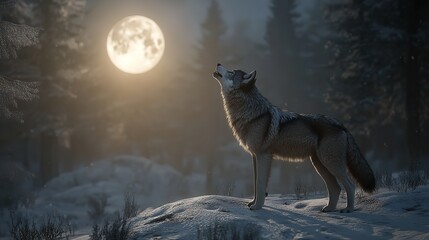 3D Hyper-Realistic Wolf Howling at the Moon in a Night Sky
