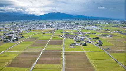 Offshore wind turbines, breakwaters, windbreak forests, etc. on the coastline facing Toyama Bay in Japan