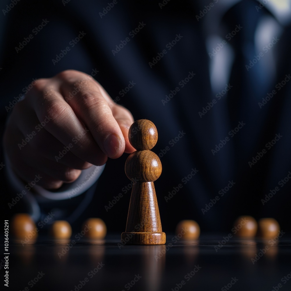 Poster a hand positioned to move a wooden game piece, symbolizing strategy and decision-making in a board g