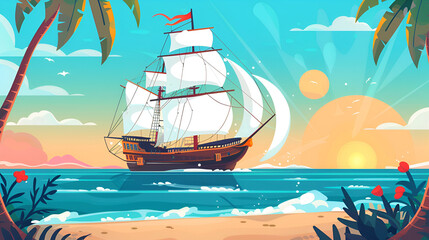 Flat illustration of a ship in the ocean