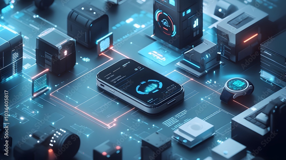 Poster tech devices connected to each other by mobile phone.