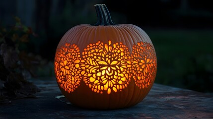Pumpkin with a delicate lace pattern carving, glowing warmly against a dark night.