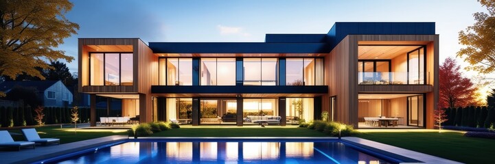 Fototapeta premium Modern luxury villa, contemporary architecture, wood and glass facade, cubic design, two-story house, large windows, evening lighting, manicured garden, landscape lighting, reflective pool, autumn tre