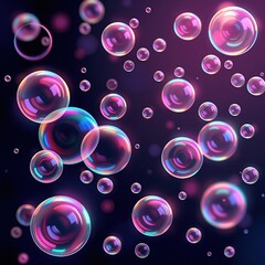 Rainbow soap bubbles of different sizes on a dark purple background.