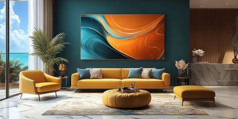 Modern luxurious living room, floor-to-ceiling windows, panoramic view, abstract orange and teal artwork, leather sectional sofa, round coffee table, mid-century modern armchairs, potted plants, hardw