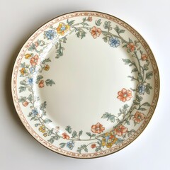 An intricate porcelain plate with floral designs in soft colors, elegantly displayed against a clean white surface