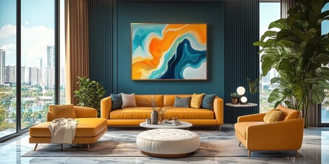 Modern luxurious living room, floor-to-ceiling windows, panoramic view, abstract orange and teal artwork, leather sectional sofa, round coffee table, mid-century modern armchairs, potted plants, hardw