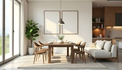 Poster frame mock up in modern home living room interior with white sofa and coffee table with decor, 3d render