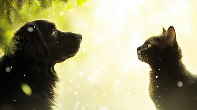 black dog and black cat face each other in serene, snowy setting, surrounded by soft, glowing lights. Their expressions convey curiosity and calmness