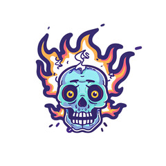 Colorful Skull with Flames and Cartoon Style