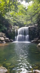 Naklejka premium 92. A serene waterfall cascading into a tranquil pool, surrounded by lush greenery