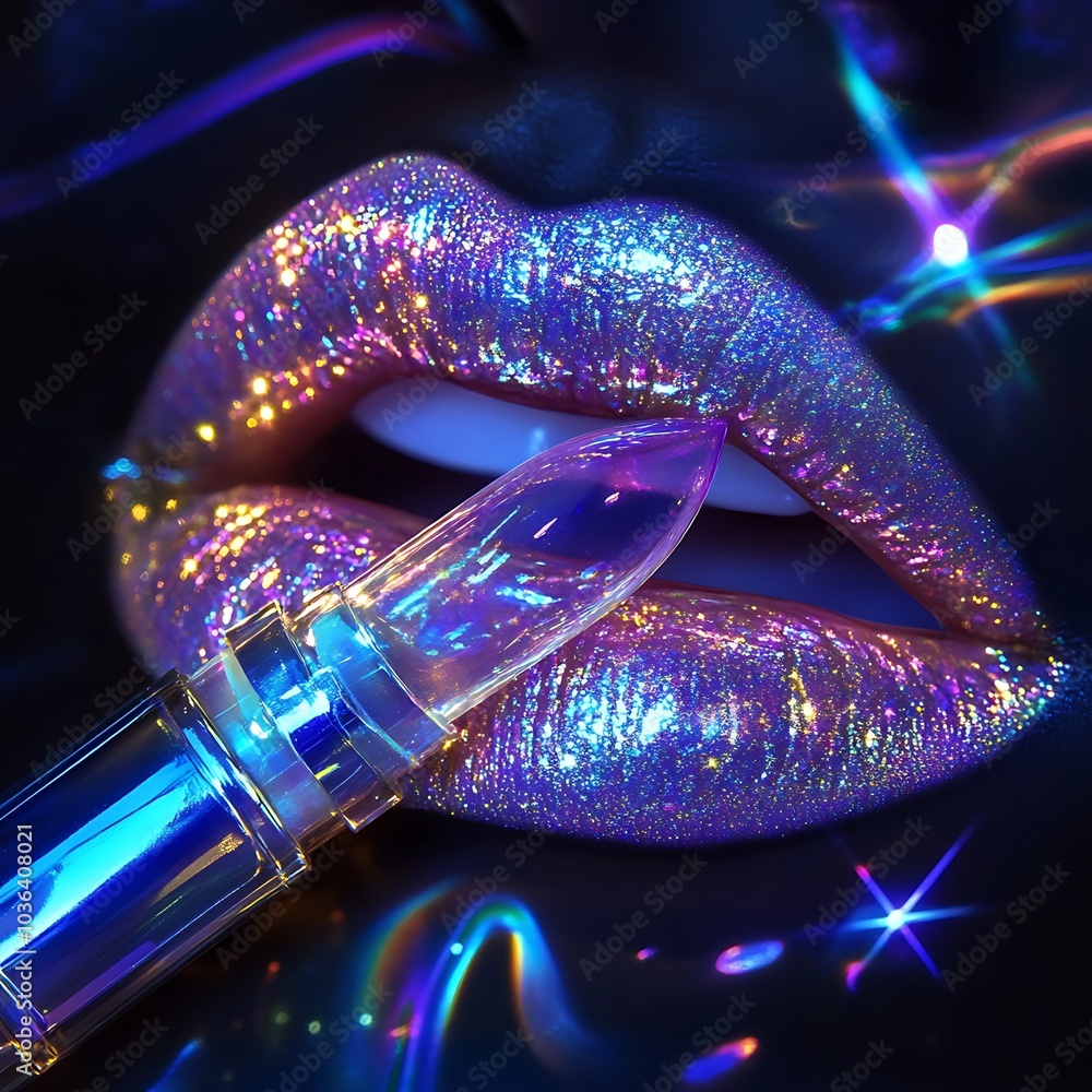 Poster Close-up of Glittery Lips with Holographic Lipstick.