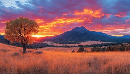 Fiery sunset over a mountain range. This image can be used for travel, nature, or inspirational projects.