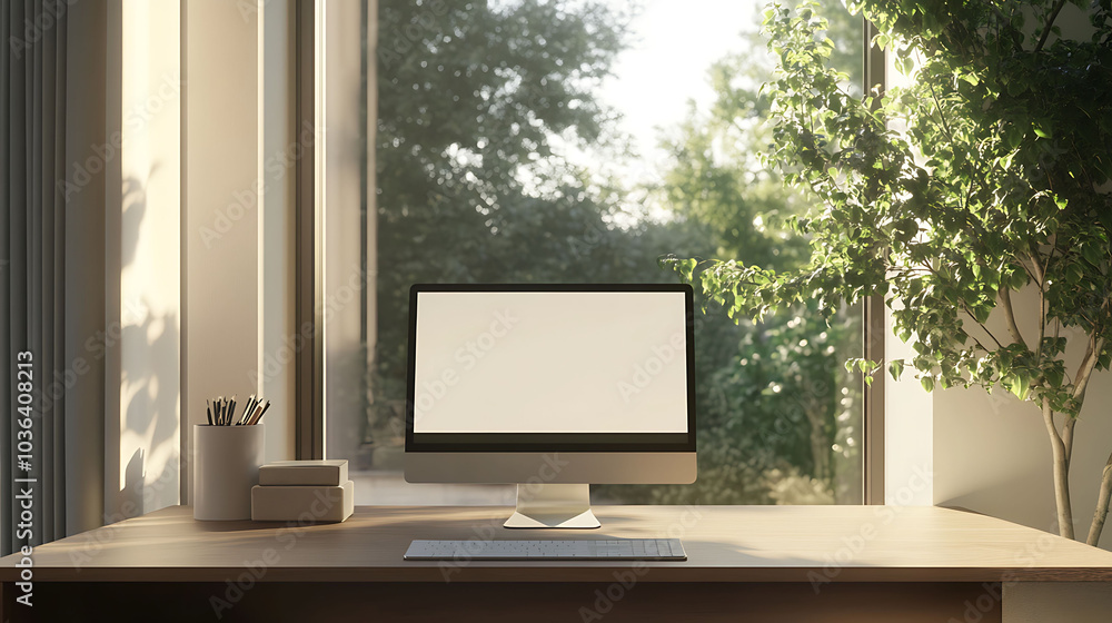 Aufkleber a modern desktop computer with a blank screen sits on a wooden desk in front of a large window with 
