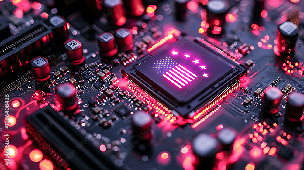 Aufkleber a close-up shot of a computer motherboard with a glowing cpu chip featuring the american flag, symbo