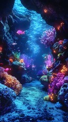 Obraz premium 107. A mystical underwater cave with glowing fish and colorful corals