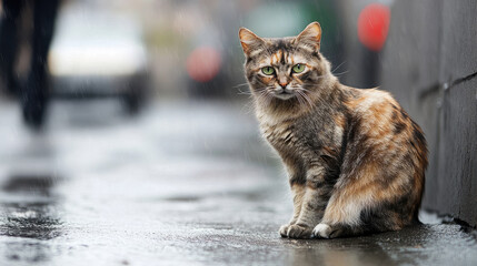 A homeless cat with a dirty face and torn fur sits on a damp street corner, watching people pass by. Its sad, longing eyes reveal a deep hunger for food and kindness.
