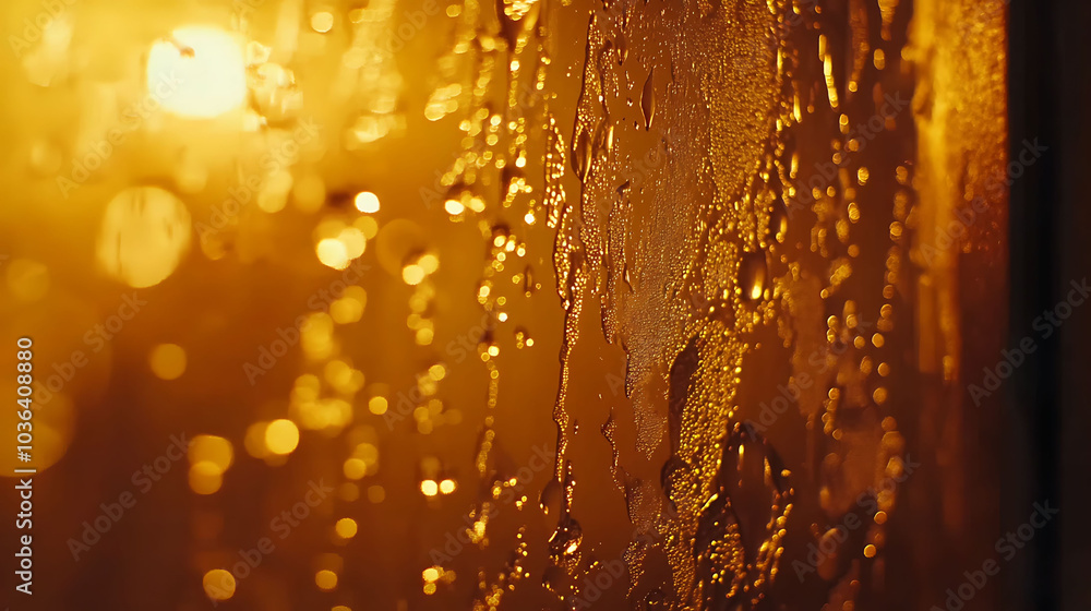 Poster raindrops cascade down a window pane at sunset, creating a shimmering, abstract pattern.