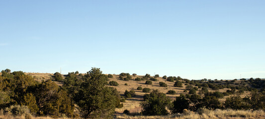 Ultra-wide panorama of the beautiful landscape at dawn, near the Army Corps of Engineers’ Abiquiu Lake in northern New Mexico, USA