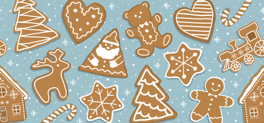 Christmas Seamless Border with Gingerbread Cookies. Banner. Gingerbread houses, deer, heart, Gingerbread Man, Star. Cute Background. Template. Vector illustration on Light Blue Background