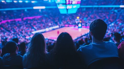 Naklejka premium basketball fans in the stands, blurred background of an indoor court and crowd watching a game.