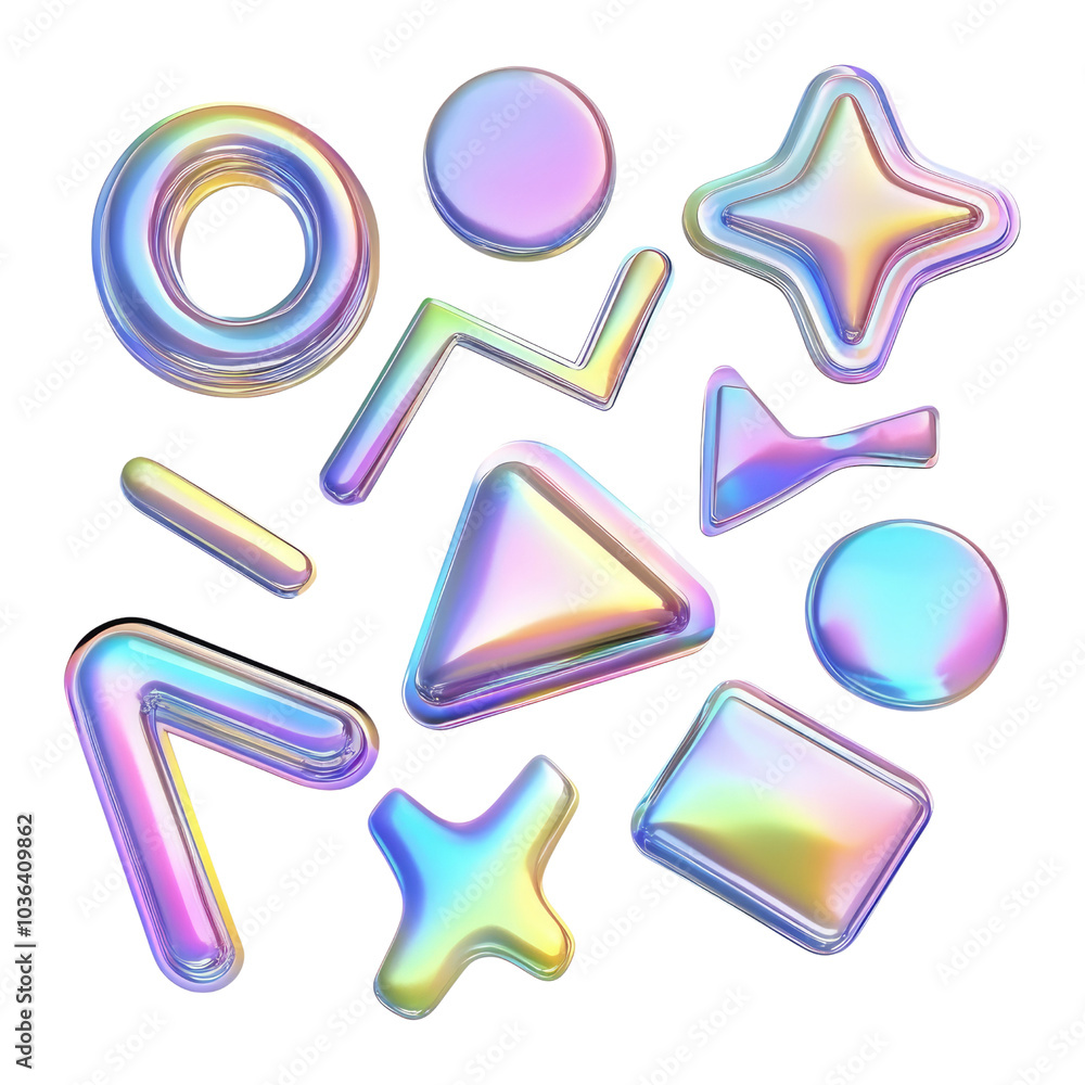 Poster set of abstract shapes gradient freeform shape form fluid holographic iridescent 3d render icon isol